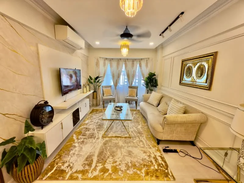 Living features: cream fabric sofa, 2 armchairs in light beige, glass coffee table with gold trim, area rug with gold and cream pattern, wall-mounted TV, white entertainment unit, decorative wall paneling, recessed ceiling lights, 5-blade ceiling fan, floor-to-ceiling windows with sheer curtains, indoor plants in ceramic pots, framed mirror on wall; style: modern.