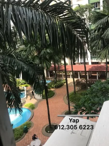 Exterior type: low-rise apartment block; features: landscaped garden, swimming pool, paved walkway, mature palm trees, outdoor seating area, greenery surrounding the pool, courtyard layout; style: modern.