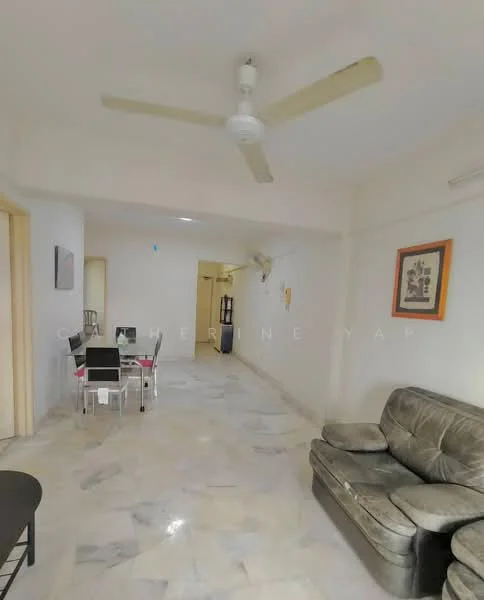 Living features: marble flooring, white painted walls, 5-blade ceiling fan, sofa in grey, coffee table, dining table with chairs, wall-mounted artwork, doorway leading to other rooms; style: modern.