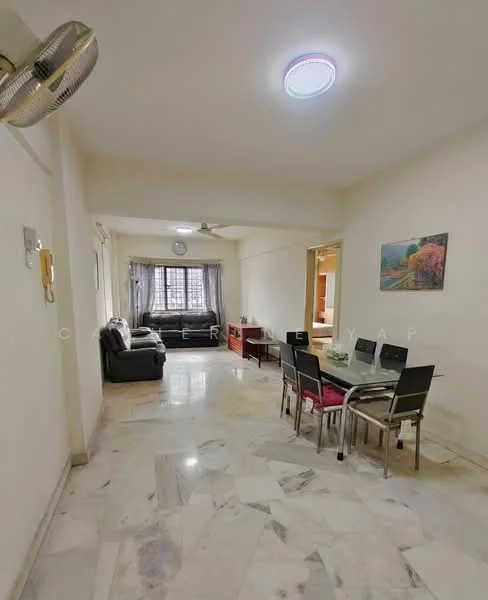 Living features: marble flooring, white painted walls, ceiling fan, 5-blade ceiling fan with integrated LED light, sofa in dark leather, coffee table, window with curtains, decorative artwork on wall, area rug; style: modern. Dining features: dining table with glass top, 4 dining chairs, white painted walls, marble flooring; style: modern.