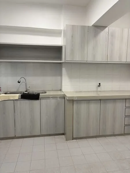 Kitchen features: light grey cabinetry, laminate countertop, single-bowl stainless-steel sink, chrome pull-down faucet, white tiled backsplash, tile flooring, open shelving, under-cabinet lighting; style: modern.