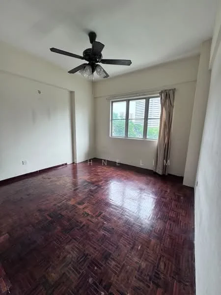 Room features: wooden flooring, white painted walls, 5-blade ceiling fan with light, window with curtains, natural light from window.