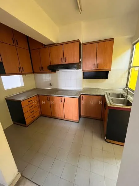 Kitchen features: brown wooden cabinets, grey laminate countertop, double-bowl stainless-steel sink, chrome pull-down faucet, built-in range hood, white tiled backsplash, grey tiled flooring, window with yellow treatment, under-cabinet lighting, kitchen drawers, kitchen cabinets with handles.