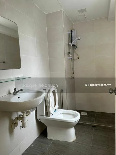 Bathroom features: white ceramic toilet, single-sink vanity with wall-mounted mirror, chrome basin mixer faucet, shower with wall-mounted water heater, grey ceramic tile flooring, light grey tiled walls, glass shelf above sink, recessed ceiling lights; style: modern.