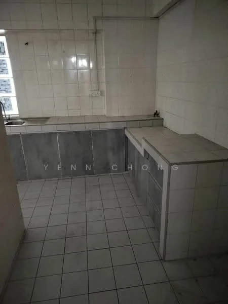 Kitchen features: white tiled walls, grey tiled backsplash, grey countertop, single-bowl stainless-steel sink, wall-mounted faucet, built-in cabinetry, ceramic tile flooring, window for natural light.