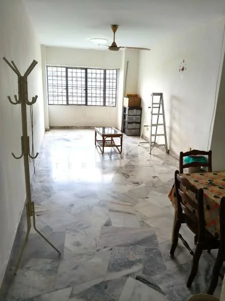 Living features: marble flooring, white painted walls, 5-blade ceiling fan, large windows with grid pattern, wooden coffee table, wooden dining table with patterned tablecloth, wooden chairs, clothes rack, ladder, storage drawers, empty space.