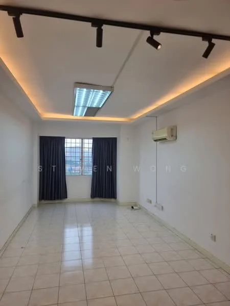 Living features: white painted walls, tile flooring, recessed ceiling lights, LED strip lighting, 1 wall-mounted split AC, floor-to-ceiling window, blue curtains, neutral color scheme; style: modern; view: city.