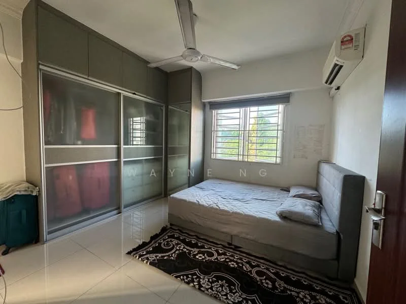 Bedroom features: queen-size bed, upholstered headboard, built-in wardrobe with sliding doors, floor-to-ceiling window, white walls, white ceiling, 5-blade ceiling fan, wall-mounted split AC, tile flooring, area rug with geometric pattern; style: modern; view: garden.