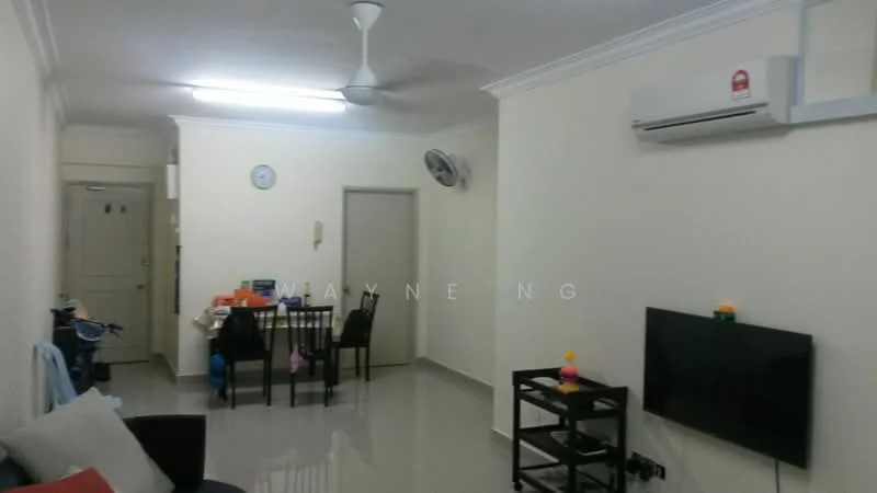 Living features: white painted walls, glossy tile flooring, 5-blade ceiling fan, wall-mounted split AC, wall-mounted TV, black TV console, dining table with chairs, clock on wall, doorway to other room, decorative items on table; style: modern.