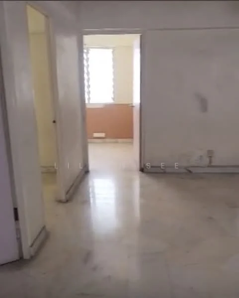 Room features: white painted walls, marble flooring, window with vertical blinds, doorway leading to another room, light switch, baseboards, neutral color scheme.