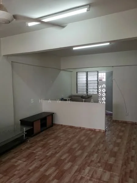 Living features: laminate flooring, white painted walls, ceiling fan, large window, open layout, TV console, light fixtures, partition wall. Kitchen features: countertop, sink, kitchen cabinets, window, open layout.