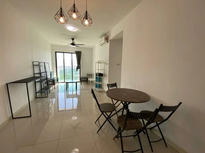 Living features: white painted walls, glossy ceramic tile flooring, 5-blade ceiling fan with light, recessed downlights, floor-to-ceiling windows, sliding glass door, round dining table, 4 folding chairs, black metal console table, curtains, city view; style: modern; view: city.