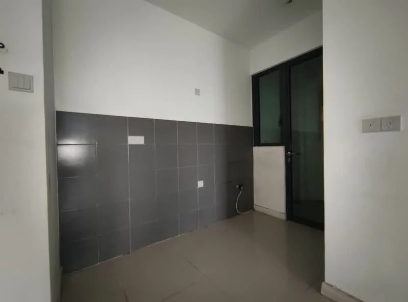 Room features: white painted walls, grey tiled wall, light grey floor tiles, glass door, electrical outlets, wall-mounted power socket.
