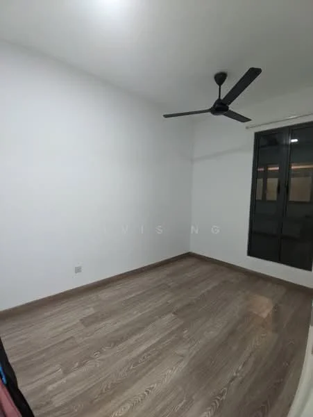 Bedroom features: white painted walls, laminate flooring, 5-blade ceiling fan, floor-to-ceiling windows, curtains, light switch, power outlet; style: modern.