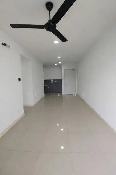 Room features: white painted walls, polished ceramic tile flooring, 5-blade ceiling fan, recessed LED downlights, doorway leading to another room, wall-mounted electrical outlet, neutral color scheme; style: modern.
