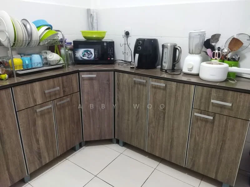 Kitchen features: laminate cabinetry in wood finish, stainless-steel microwave, black coffee machine, white electric kettle, blender, rice cooker, dish rack with plates and bowls, countertop with tile backsplash, white sink, ceramic tile flooring; style: modern.