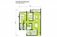 Floor plan: 3-bedroom 2-bathroom unit; features: open-plan kitchen-dining-living, master bedroom with ensuite bathroom, bedroom 2 with shared bathroom, utility room, balcony off living room, central foyer, 1 car porch.