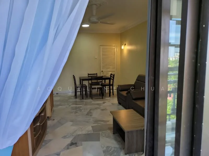 Living features: marble tile flooring, 5-blade ceiling fan, sofa in dark grey, wooden coffee table, dining table with 4 chairs, wall-mounted light fixture, window with sheer curtains, built-in cabinetry, white painted walls; style: modern.