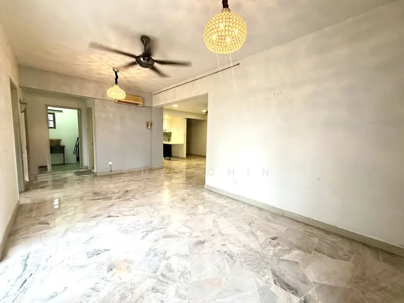 Living features: marble flooring, white painted walls, 5-blade ceiling fan, two pendant lights, open layout, natural light from windows, no visible furniture, smooth ceiling; style: modern. Room features: white painted walls, marble flooring, open layout, doorway leading to another room.