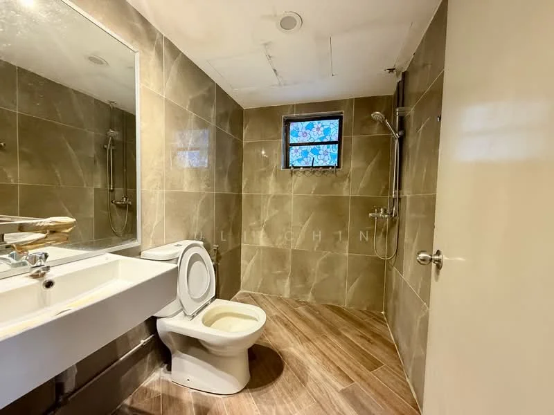 Bathroom features: large mirror above sink, single-sink vanity with white cabinet, chrome basin mixer faucet, toilet, walk-in shower with glass enclosure, handheld shower, tile cladding on walls, wood-look tile flooring, window with decorative grille; style: modern.