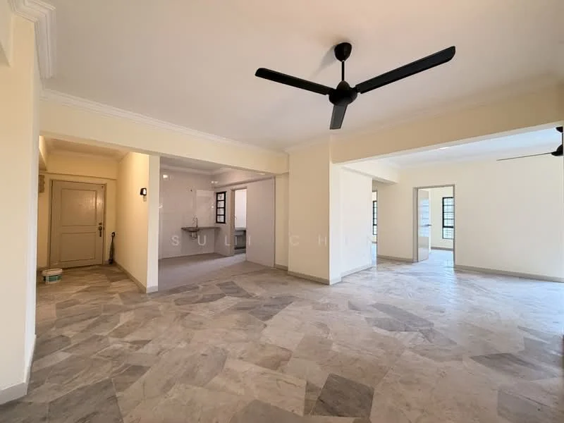 Room features: marble flooring, white painted walls, ceiling with crown moulding, 2 ceiling fans, large windows, open layout, doorway leading to another room, neutral color scheme; style: modern.