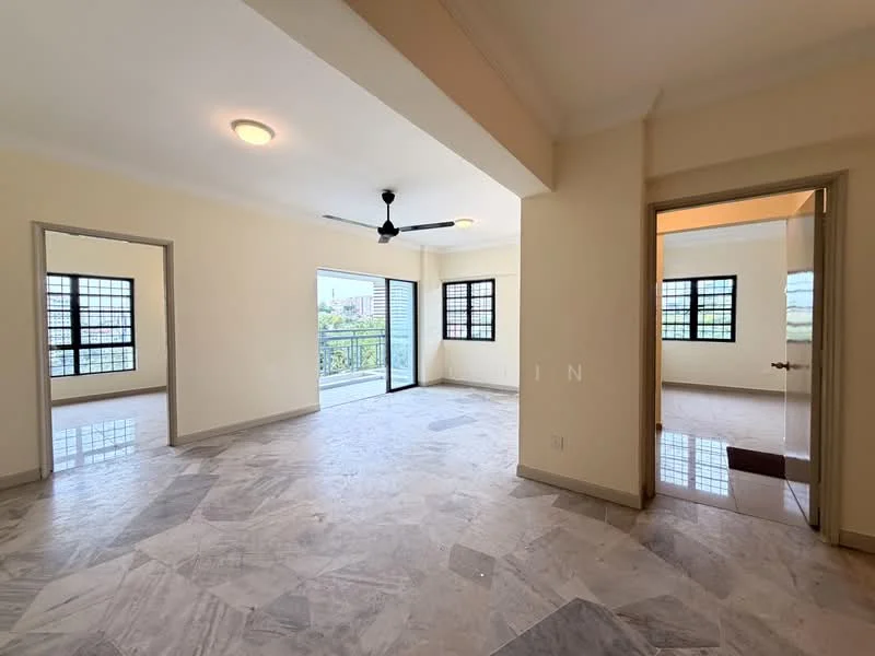 Living features: marble flooring, white painted walls, 5-blade ceiling fan, floor-to-ceiling windows, sliding glass door, balcony access, natural light, neutral color scheme; style: modern; view: city.
