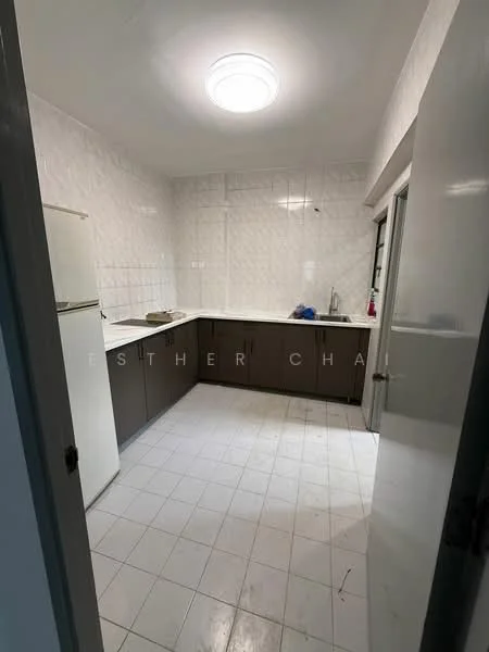 Kitchen features: white tiled walls, light grey cabinetry, laminate countertop, single-bowl stainless-steel sink, chrome pull-down faucet, white ceramic tile flooring, recessed ceiling light, window with white frame, fridge, kitchen countertop with space for appliances; style: modern.