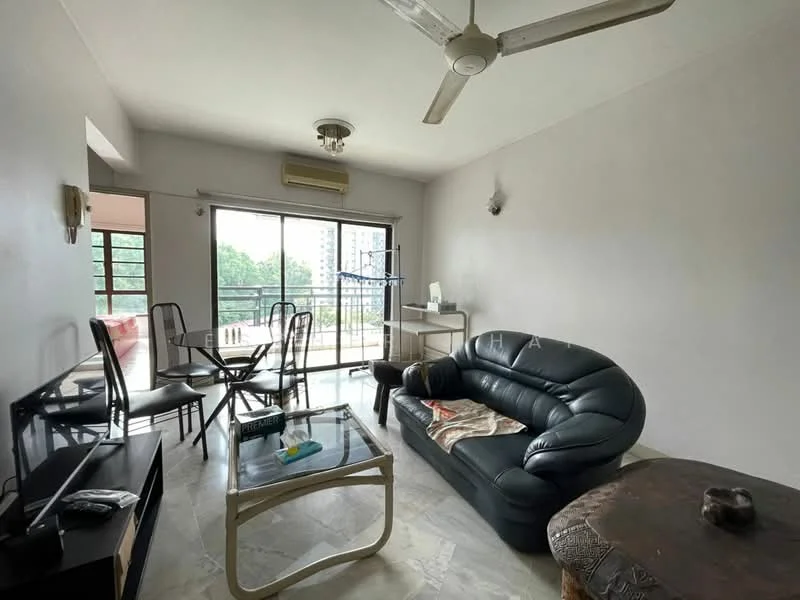 Living features: black leather sofa, glass coffee table, wooden side table, TV console, wall-mounted TV, ceiling fan, recessed ceiling light, large sliding glass door, balcony access, marble flooring, white painted walls, window with view of greenery; style: modern; view: garden.