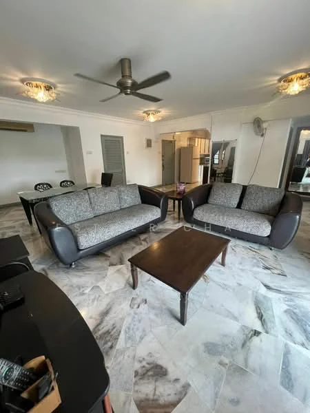 Living features: 2-seater fabric sofa with patterned cushions, 3-seater fabric sofa with patterned cushions, wooden coffee table, marble flooring, ceiling fan with light, recessed lighting, wall-mounted air conditioning unit, dining area visible in background, open layout to kitchen, decorative wall paneling; style: modern.
