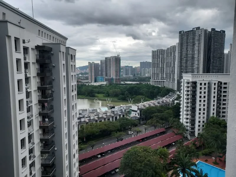 Exterior type: high-rise condominium; features: glass curtain wall, white painted facade, recessed balconies, surrounded by mature greenery, view of city skyline, swimming pool deck, landscape garden, parking deck, multiple high-rise buildings, waterfront view; style: modern.