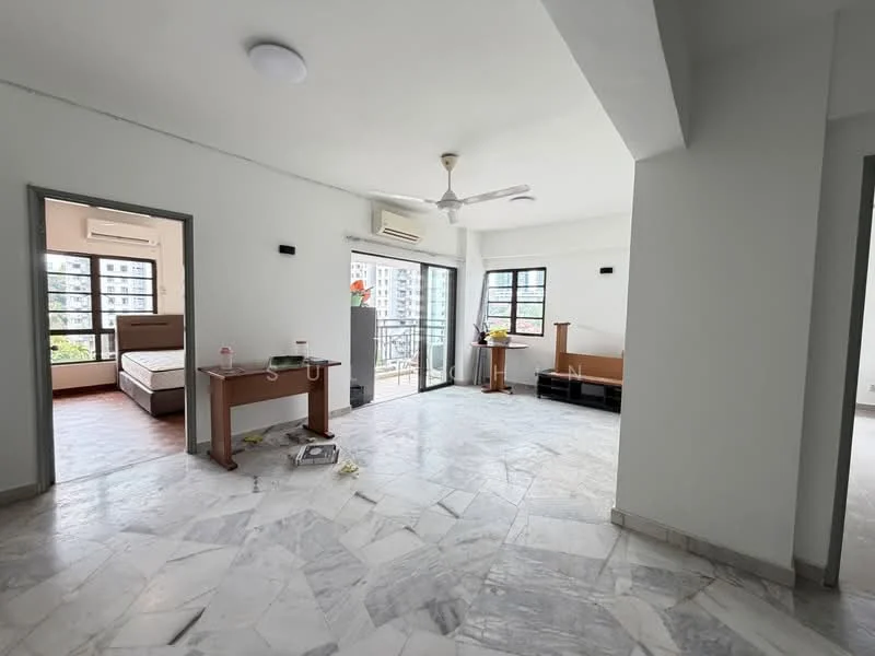 Living features: marble flooring, white painted walls, ceiling fan, floor-to-ceiling windows, sliding glass door, balcony access, natural light, open layout; style: modern; view: city. Room features: wooden bed frame, air conditioning unit, decorative wall, furniture, unknown items on table.