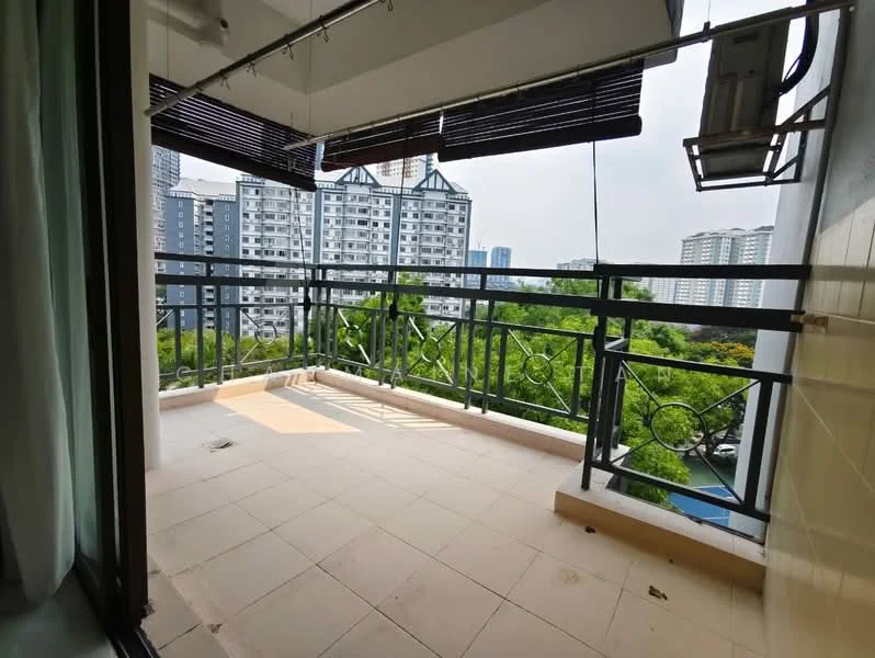 Balcony features: tiled flooring, metal railing, overhead awning, city view, greenery view; view: city.