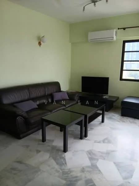 Living features: 3-seater leather sofa in black, 2 coffee tables with glass tops, wall-mounted TV, TV console, marble flooring, 1 wall-mounted split AC, light fixture on wall, large window with city view, green painted walls; style: modern; view: city.