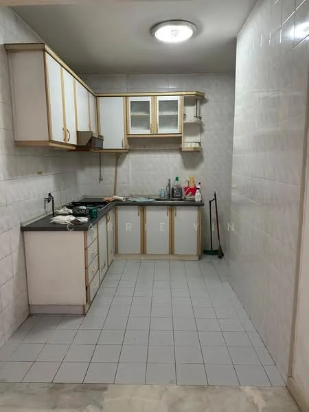 Kitchen features: white cabinetry with gold trim, black granite countertop, built-in gas stove, single-bowl stainless-steel sink, chrome faucet, wall-mounted cabinets, glass-front upper cabinets, white tiled walls, grey ceramic tile flooring, overhead ceiling light.