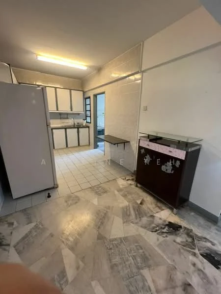 Kitchen features: white cabinetry with flat-panel doors, marble tile flooring, stainless-steel fridge, sink with faucet, countertop with backsplash, wall-mounted cabinets, open layout to adjacent room, overhead fluorescent lighting; style: modern.