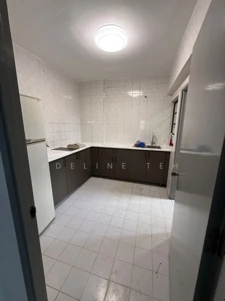 Kitchen features: white tiled walls, light grey cabinetry, white countertop, single-bowl sink, chrome faucet, fridge, ceiling light, tile flooring; style: modern.