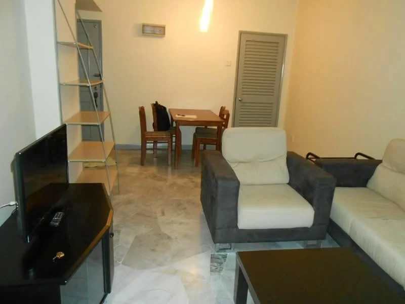 Living features: light grey fabric sofa, beige armchair, black coffee table, TV console, flat-screen TV, marble flooring, recessed ceiling light, open shelving unit, dining table with four wooden chairs, white painted walls, air conditioning unit; style: modern.