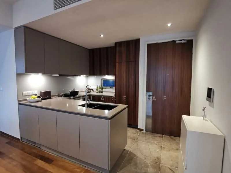Kitchen features: grey cabinetry, white countertop, single-bowl stainless-steel sink, chrome pull-down faucet, built-in oven, stainless-steel cooktop, recessed LED downlights, tile flooring, wooden door, wall-mounted intercom, open shelving; style: modern.