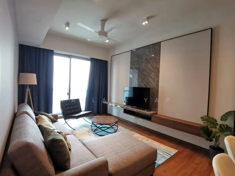 Living features: L-shape sectional sofa in beige, coffee table with round design, floor-to-ceiling windows, curtains in dark blue, wall-mounted TV, wooden TV console, decorative wall with marble accent, ceiling fan with integrated light, area rug with geometric pattern, potted plant; style: modern; view: city.