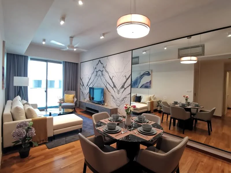 Living features: 3-seater fabric sofa in cream, 2-seater fabric sofa in beige, coffee table, wall-mounted TV, area rug with geometric pattern, ceiling fan with light, floor-to-ceiling windows, curtains, decorative mirror, wall art with abstract design, wooden flooring, dining table with 4 chairs; style: modern; view: city.