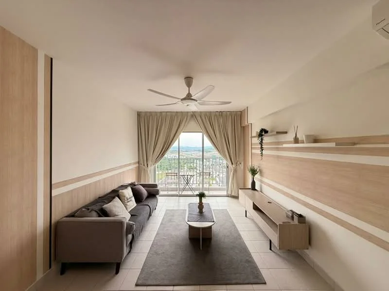 Living features: 3-seater fabric sofa in grey, coffee table, TV console, wall-mounted TV, area rug, floor-to-ceiling windows, sheer curtains, 5-blade ceiling fan with light, wood paneling on walls, light-colored tiled flooring, decorative plants; style: modern; view: city.