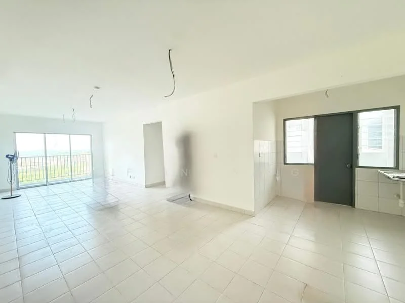 Room features: white painted walls, white tiled flooring, floor-to-ceiling windows, sliding glass door, open layout, natural light, ceiling lights, kitchen area with window; style: modern; view: city.