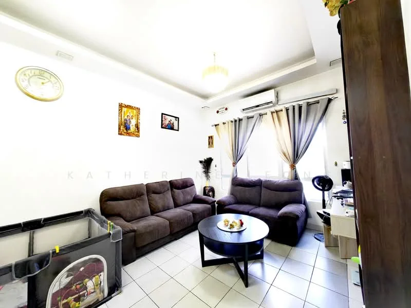 Living features: L-shape sectional sofa in brown, round coffee table, wall-mounted clock, white painted walls, recessed ceiling lights, curtains in grey, floor tiles in white, air conditioning unit, decorative wall art, baby playpen, TV console, television; style: modern.