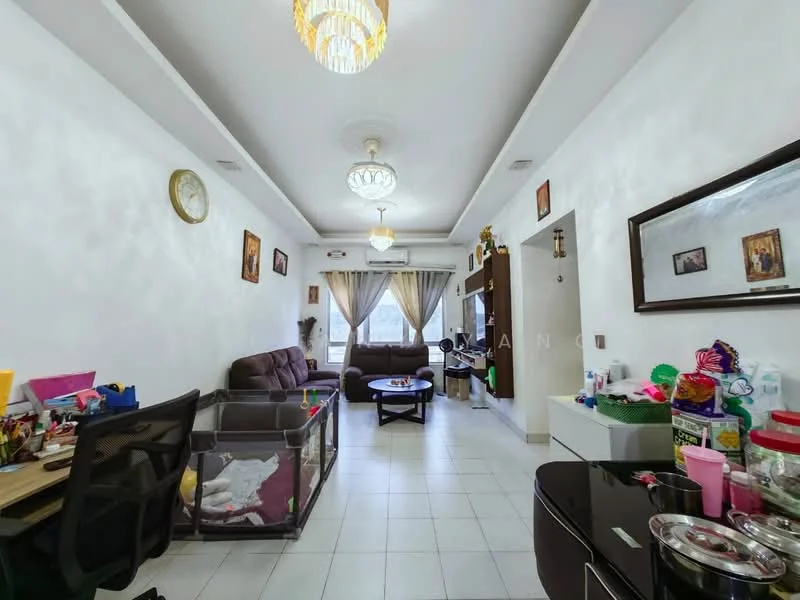 Living features: white painted walls, tray ceiling, recessed downlights, floor-to-ceiling windows, sliding glass door, 3-seater fabric sofa in brown, 2-seater fabric sofa in brown, coffee table, TV console, wall-mounted TV, area rug, decorative mirror, wall clock, open shelving, decorative items on shelves; style: modern; view: city.