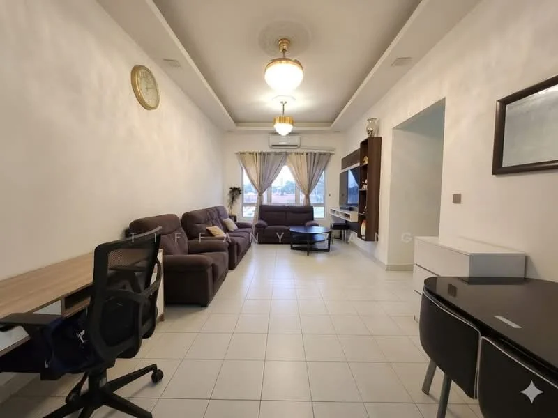 Living features: 3-seater fabric sofa in brown, 2-seater fabric sofa in brown, coffee table, TV console, wall-mounted TV, area rug, floor-to-ceiling windows, curtains, ceiling rose, recessed downlights, white painted walls, tile flooring; style: modern; view: city.