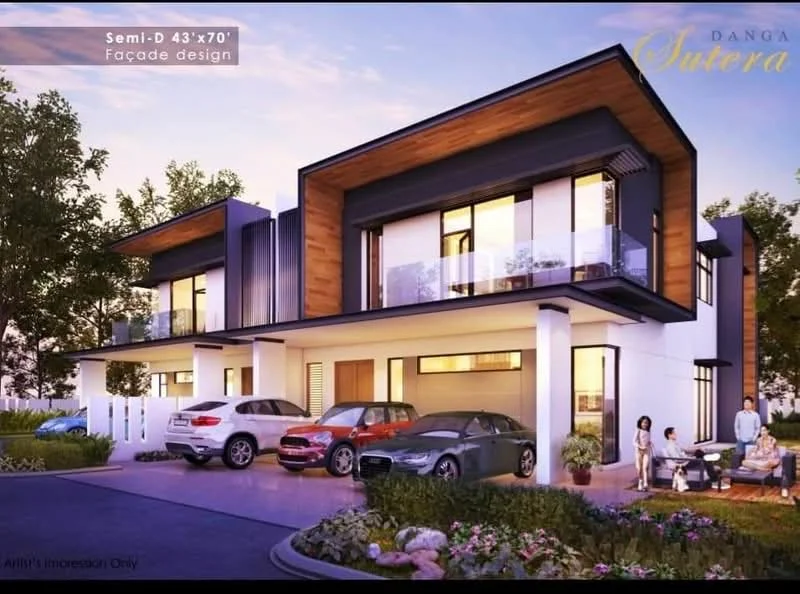 Exterior type: semi-detached house; features: white painted facade, wooden cladding accents, flat roof, double-storey, manicured lawn, paved driveway, car porch with awning, large windows, balconies on upper floor, landscaped garden, surrounded by greenery; style: modern.