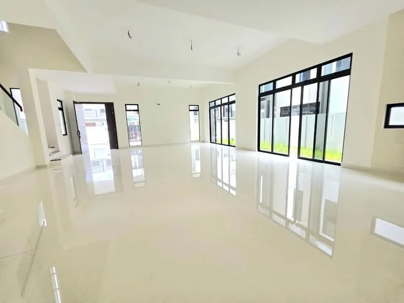 Living features: white painted walls, polished marble flooring, floor-to-ceiling windows, multiple windows with black frames, high ceiling, recessed downlights, open layout, natural light flooding the space; style: modern; view: garden.