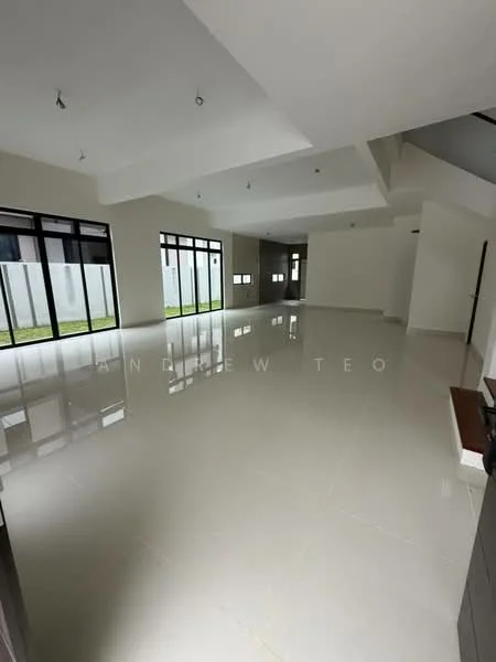 Room features: white painted walls, polished ceramic tile flooring, tray ceiling, multiple ceiling lights, floor-to-ceiling windows, sliding glass doors, open layout, natural light, view of outdoor space; style: modern; view: garden.