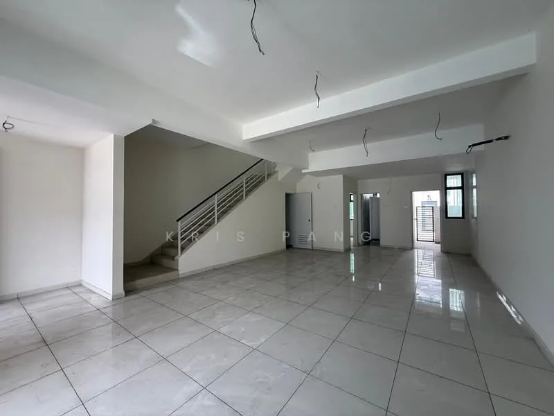 Room features: white painted walls, polished ceramic tile flooring, exposed ceiling with no fixtures, staircase leading to upper floor, large windows allowing natural light, open layout, multiple doorways, neutral color scheme; style: modern.