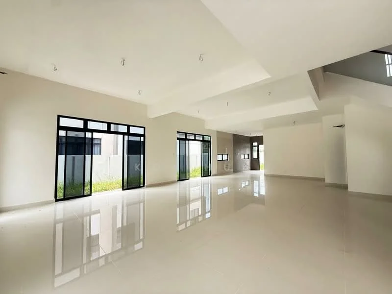 Room features: white painted walls, polished ceramic tile flooring, high ceiling with recessed lighting, large floor-to-ceiling windows, multiple windows for natural light, open layout, neutral color scheme, minimalist design; style: modern; view: garden.